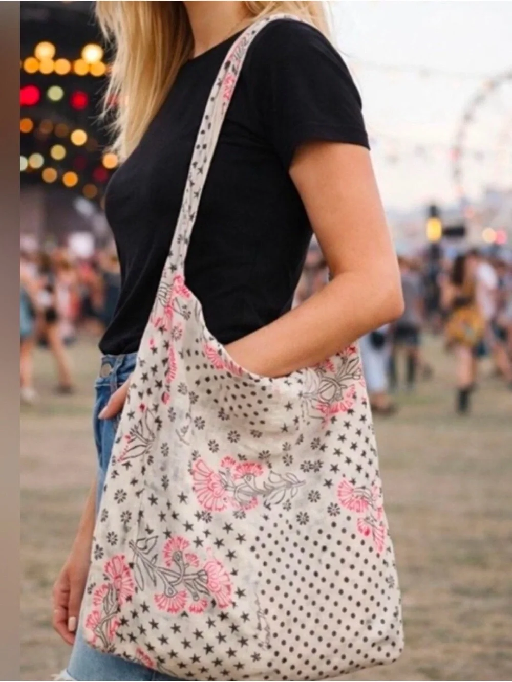 Free People Gauze Sling Tote Bag Polka Dot Floral Printed White Pink oversized